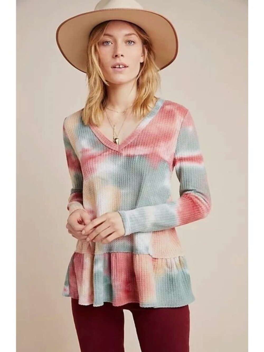 Anthropologie Eri + Ali Tie Dye Waffle Knit Long Sleeve‎ Peplum Top Size M Shirt